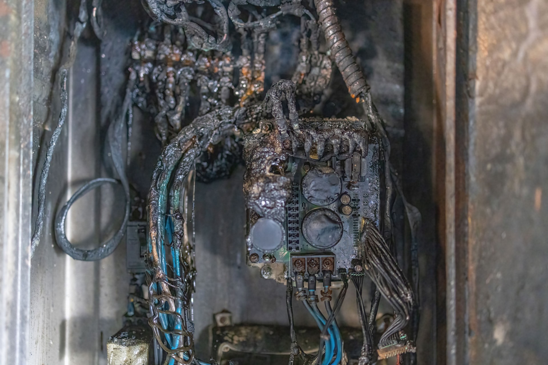 Circuit breaker main burn fire in control box. Electricity short circuit.