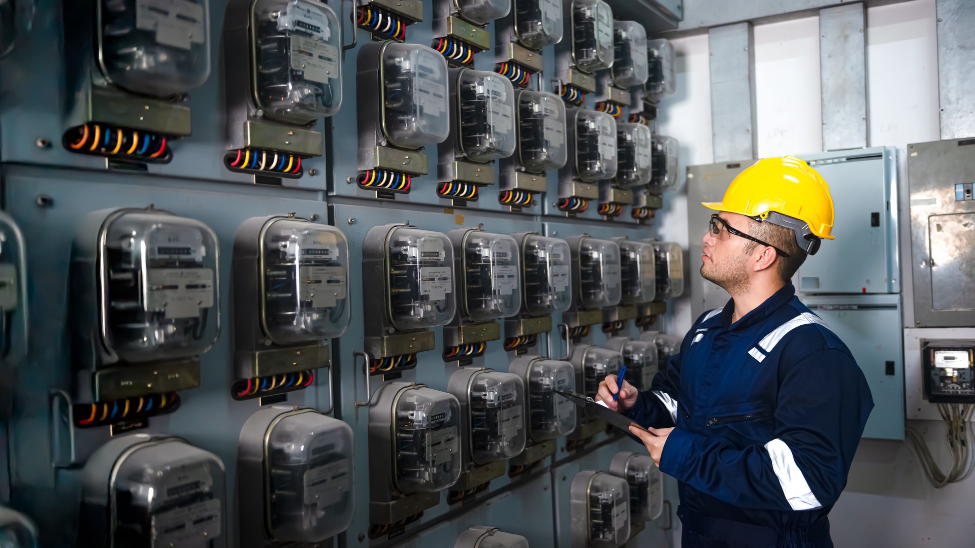 Electrical maintenance engineer is checking 
Electricity meter, main distribution board and write down value of electricity on a clipboard